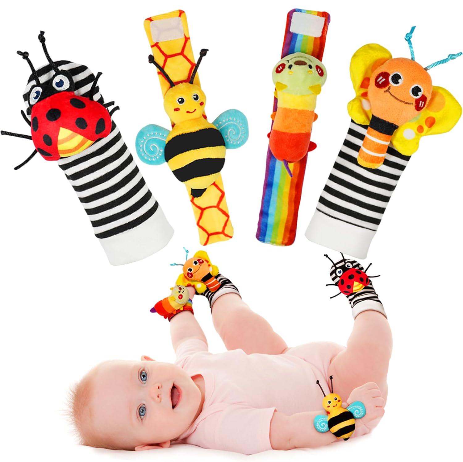 Colorful baby wrist and foot rattle set